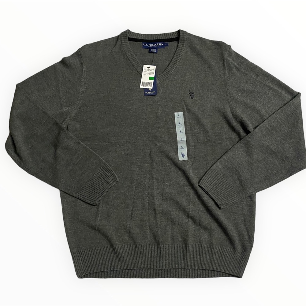 Mens US POLO ASSN Grey SWEATER Size L Pullover V Neck